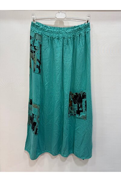 della moor Turquoise Italian Elastic Waist Long Linen Skirt