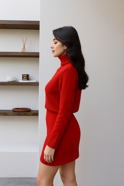 BEGBOR LİNGERİE Begbor Women's Knitwear Two-Piece Set – Half Turtleneck Sweater & Mini Skirt Combination – Red