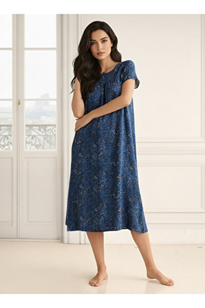 FAV فستان نوم متوسط ​​الطول بأكمام قصيرة من الفيسكوز مطبوع