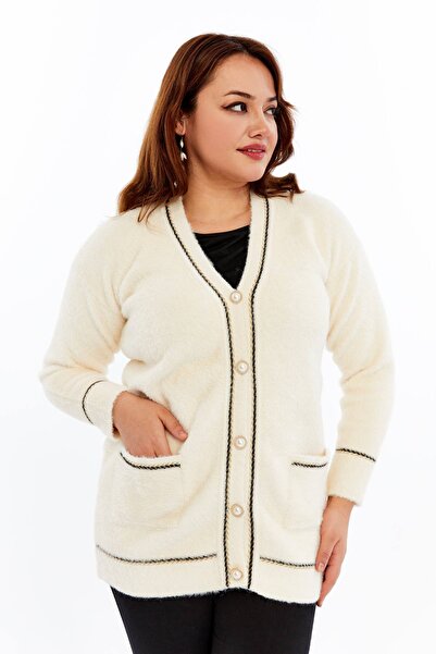 Laden Knitwear Women's Bearded Rope Sim Detailed Thick Coat Winter Mother Cardigan