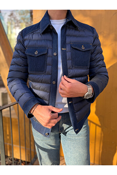 Avni Ceylan Men's Padded Jacket with Denim Panel Detail