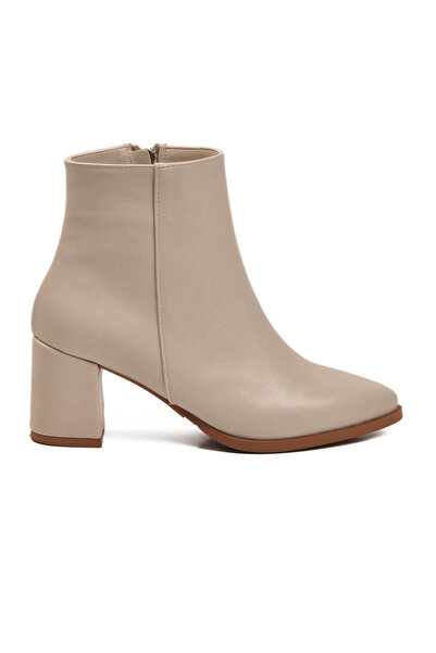 AYAKMOD Beige Leather Zippered Fleece Non-Slip Women's Heeled Boots 343126 Z