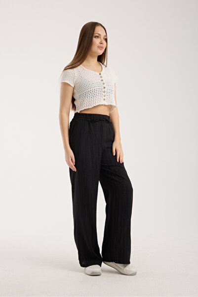 MRS.MODA Linen Fabric High Waist Striped Elastic and String Lace-Up Waist Detailed Trousers