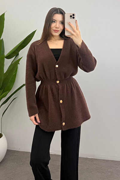 Bipantolon Women's Brown Gold Snap Detailed Soft Knitwear Cardigan