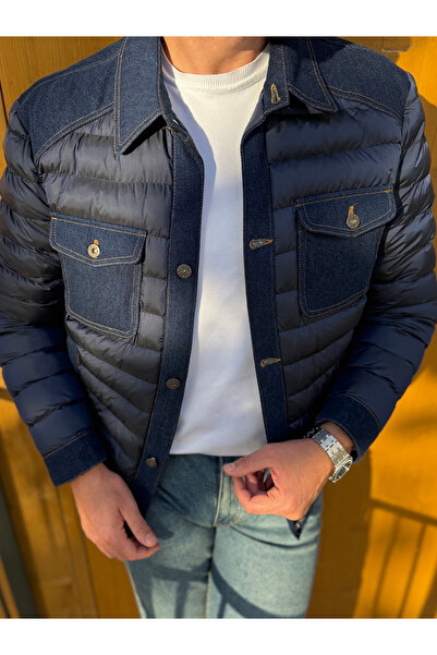 Avni Ceylan Men's Padded Jacket with Denim Panel Detail