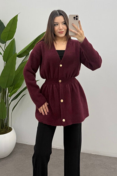 Bipantolon Women's Burgundy Gold Snap Detailed Soft Knit Cardigan
