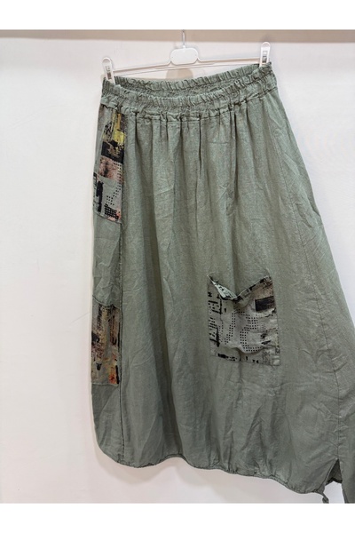 della moor Khaki Italian Elastic Waist Long Linen Skirt