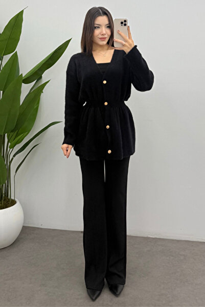 Bipantolon Women's Black Gold Snap Detailed Soft Knitwear Cardigan