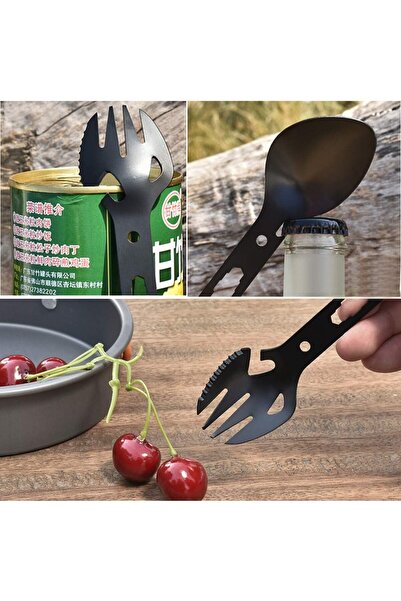 zola Tourist cutlery, 5 in 1, spoon/knife/fork/bottle/can opener, black, steel, 18x4x1.5 cm