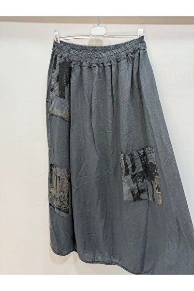 della moor Anthracite Italian Long Linen Skirt with Elastic Waist