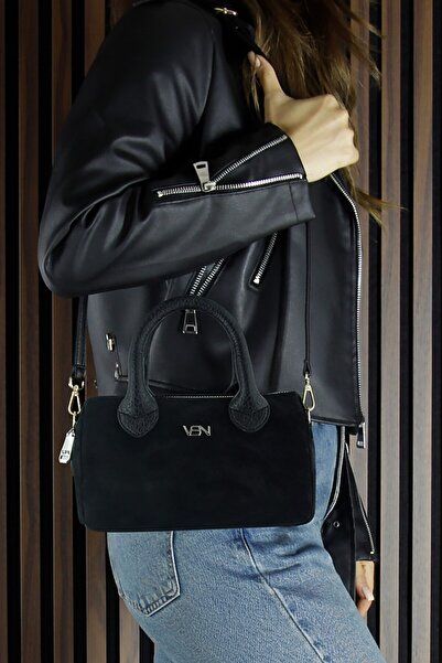 Erkan Saçmacı Black Genuine Cowhide Suede Zippered Small Size Daily Shoulder Bag with Strap and Inner Pocket
