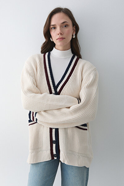 Laluvia Cream - Burgundy Colored Pocket Cardigan - 241143