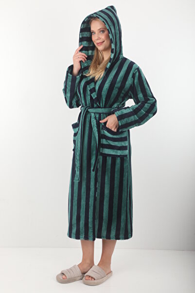 Wild Love Halat lung pentru femei, 100% bambus, cu dungi cu glugă