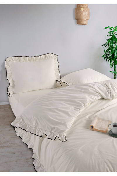 Monolisse Candy Frilly Piped 100% Cotton Akfil Duvet Cover Set Single Ecru Black 200X220Cm