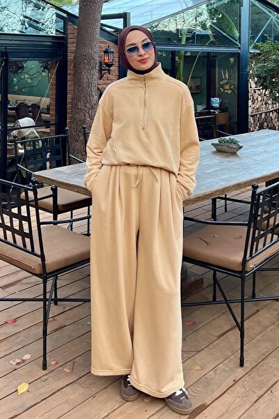 Ceylan Otantik Beige 3 Thread Half Zipper Tracksuit Set