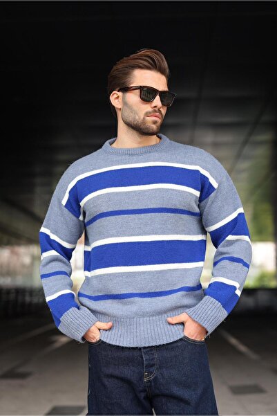 Madmext Pulover pentru bărbați din tricotaj cu dungi indigo B guler rotund E7455