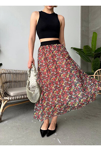 ZENGEZUR MALL Mtxdpn Printed Lined Long Skirt Red (161442) (Size: S)