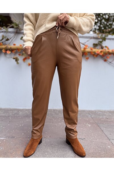 DenizEge Elastic Waist Lace-Up Faux Leather Pants