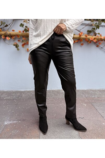 DenizEge Elastic Waist Lace-Up Faux Leather Pants