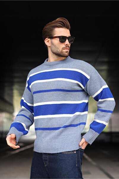 Madmext Pulover pentru bărbați din tricotaj cu dungi indigo B guler rotund E7455