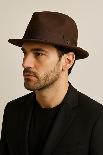CosmoOutlet Men's Brown Felt Material, Classic Model with Stripes, Adjustable Fedora Hat from the Inside