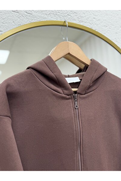 MİHRA STORE Celinda Three Thread Zippered Hooded Cardigan-Zi̇3055 Brown