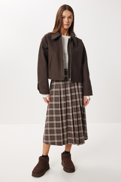 Lovelyİstanbul Belted Checkered Flared Woven Skirt Lns0015 Brown Vison