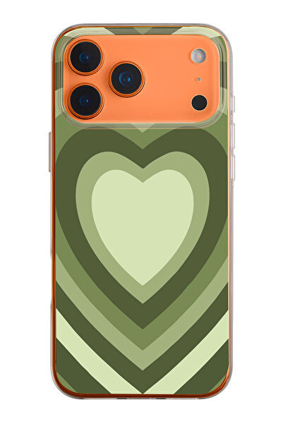 mooodcase iPhone 17 Pro Max Uyumlu Yeşil Kalpler Desenli Şeffaf Silikon Telefon Kılıfı