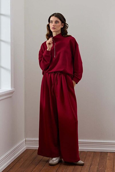 Ceylan Otantik Burgundy 3 Thread Half Zipper Tracksuit Set