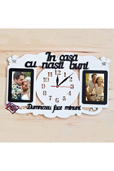damoro Ceas de perete cu 2 spatii pentru poza,In casa cu Nasii Buni,Lemn,alb/...