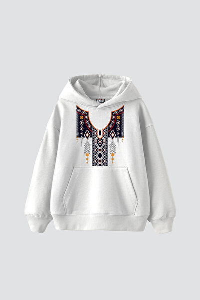 Bak Moda Model etnic cu imprimeu supradimensionat Hanorac alb unisex