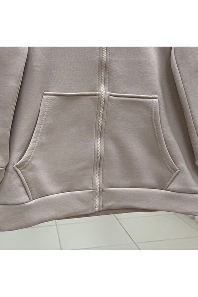 MİHRA STORE Celinda Three-Thread Zippered Hooded Cardigan-Zi̇3055 Stone