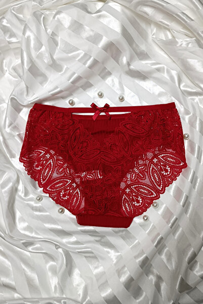 Papatya Kırmızı Dantelli Yüksek bel arka V Detaylı külot