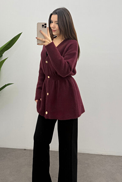 Ladima Women's Burgundy Gold Snap Detailed Soft Knit Cardigan