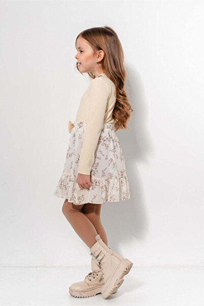 SOLLUXE KEIKO - Casual cotton dress with voile and floral print, beige, 104