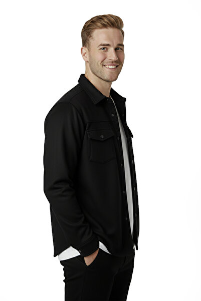 DeepSEA Ανδρικό μαύρο υφασμάτινο σουέτ χωρίς ρυτίδες, εποχιακό πουκάμισο με λεπτή εφαρμογή με τσέπη 2302329