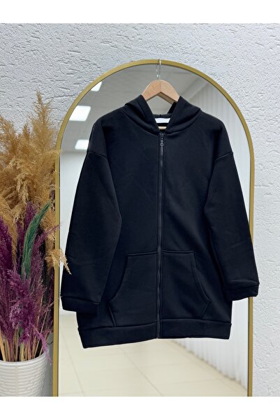 MİHRA STORE Celinda Three Thread Zippered Hooded Cardigan-Zi̇3055 Black