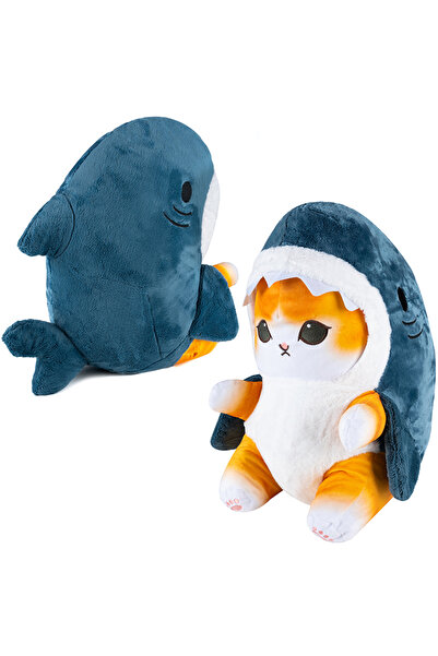 SERSIMO Pernă de pluș pentru copii, model pisică-rechin, poliester, 55x30 cm, gri