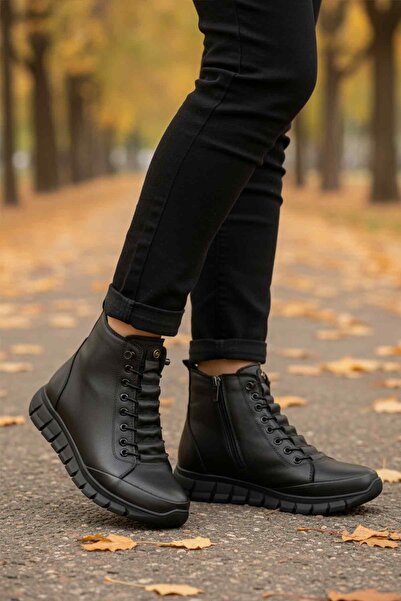 AYAKMOD Black Genuine Leather Inside Fleece Anti-Slip Zippered Women's Boots 3910 Z