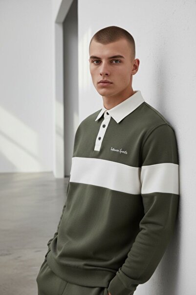 Sarar Interview Snap Polo Collar Combination Khaki Ecru Sweatshirt