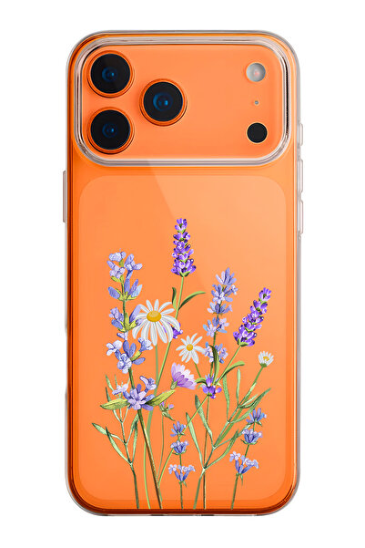 mooodcase iPhone 17 Pro Uyumlu Lavender Desenli Şeffaf Silikon Telefon Kılıfı