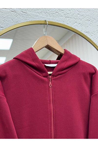 MİHRA STORE Celinda Three Thread Zippered Hooded Cardigan-Zi̇3055 Burgundy
