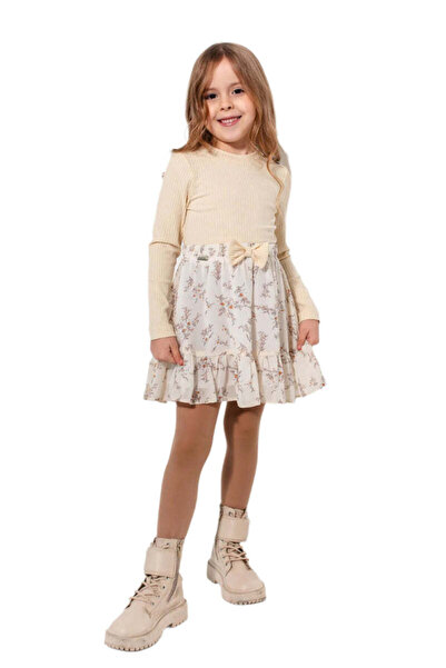 SOLLUXE KEIKO - Casual cotton dress with voile and floral print, beige, 104