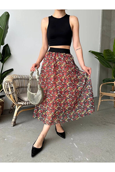 ZENGEZUR MALL Mtxdpn Printed Lined Long Skirt Red (161442) (Size: S)