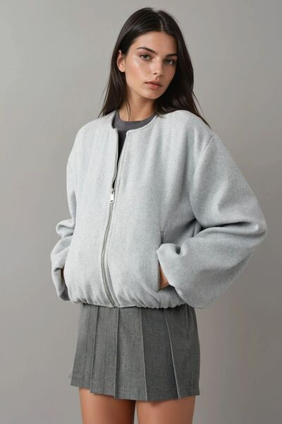 Hiccup Oversized Kaşe Bomber Jacket with Zipper