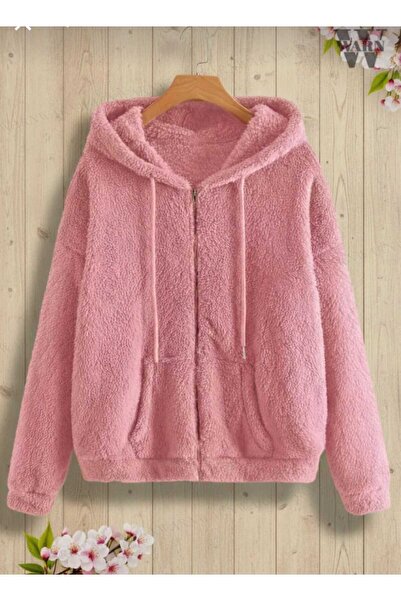 BRLKN Plush Fabric Long Sleeve Hooded Cardigan Kangaroo Pocket Oversized Winter