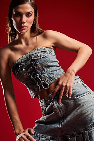 its basic Women's T.Kot Color 3S5-75 Lace Detailed 100% Cotton Design Denim Bustier