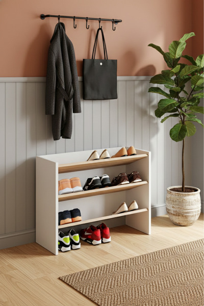 Sevinse Home SKO Modern Dekoratif 3 Raflı Bölmeli Ayakkabılık Meşe Beyaz