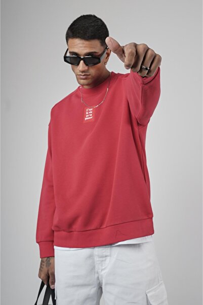 king brich Crew Neck Oversize Basic Men's Sweatshirt with Label Detail on the Front