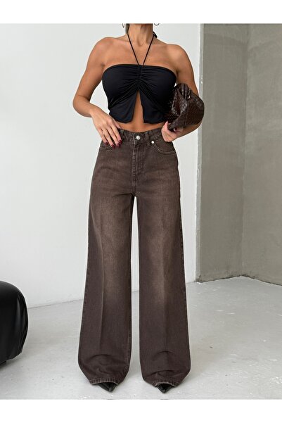 HerTon Koyu Kahve Yıkamalı Geniş Paça Denim Pantolon